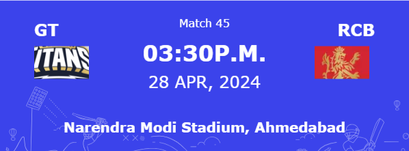 Match today GT vs RCB in the Narendra Modi Stadium. GT Caption Shubham Gill where the Royal Challengers caption is Faf du Plessis. GT have changes to win the match it the probability of 52% now can't promise.